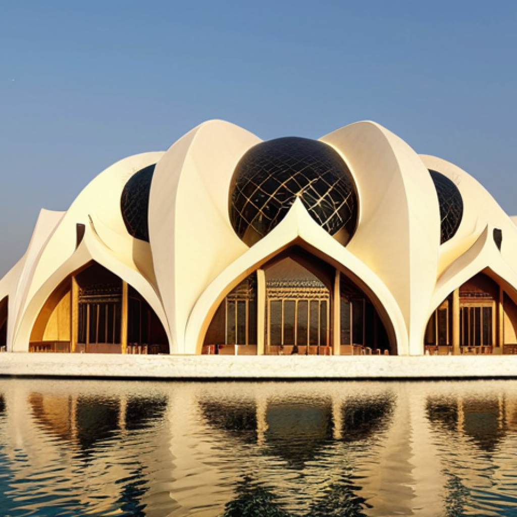 **Image Prompt 1: The Luminous Pearl**
    The Bahrain National Theatre at golden hour, a majestic modern structure with pristine white, curving facades reminiscent of Bedouin tents and glowing pearls. It stands elegantly beside tranquil water, reflecting the warm, shimmering sunlight, creating a breathtaking, pearl-like radiance. The architecture features soft, rounded forms inspired by traditional dhow boats, seamlessly blending cultural heritage with contemporary design. Architectural photography, wide shot, Manama, Bahrain.