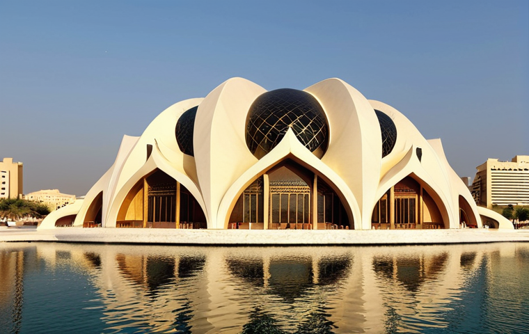 **Image Prompt 1: The Luminous Pearl**
The Bahrain National Theatre at golden hour, a majestic modern structure with pristine white, curving facades reminiscent of Bedouin tents and glowing pearls. It stands elegantly beside tranquil water, reflecting the warm, shimmering sunlight, creating a breathtaking, pearl-like radiance. The architecture features soft, rounded forms inspired by traditional dhow boats, seamlessly blending cultural heritage with contemporary design. Architectural photography, wide shot, Manama, Bahrain.
