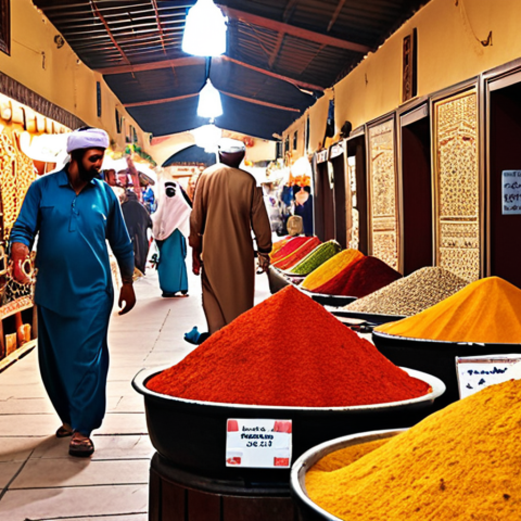 **A bustling Bahraini souk (traditional market):** Image showcasing a vibrant marketplace filled with colorful spices, hand-woven carpets, traditional jewelry, and people haggling with vendors. Capture the aroma of incense and the sounds of Arabic music. Focus on the textures and details of the local goods.