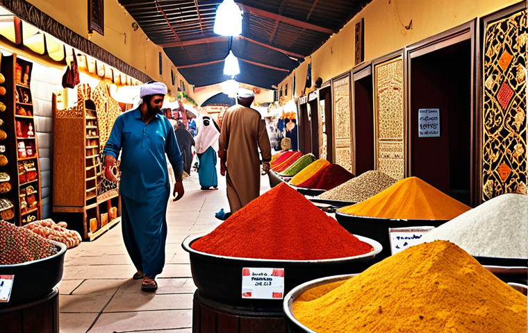**A bustling Bahraini souk (traditional market):** Image showcasing a vibrant marketplace filled with colorful spices, hand-woven carpets, traditional jewelry, and people haggling with vendors. Capture the aroma of incense and the sounds of Arabic music. Focus on the textures and details of the local goods.