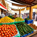**Image Prompt 1:** A bustling and vibrant Bahraini traditional market (souq) scene, overflowing with an abundant display of fresh, sun-kissed vegetables like crisp cucumbers, red tomatoes, and lush green leaves. Nearby stalls feature piles of various golden dates, exotic melons, and juicy mangoes. In the background, a traditional fish market section with local fishermen in attire showcasing a fresh catch of diverse fish and large shrimp. The atmosphere is lively and authentic, under warm Middle Eastern light.