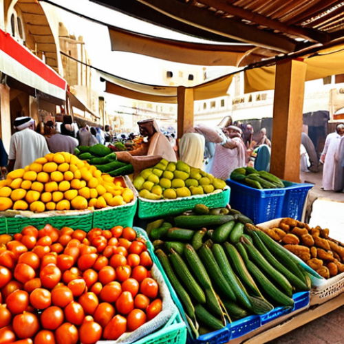 **Image Prompt 1:** A bustling and vibrant Bahraini traditional market (souq) scene, overflowing with an abundant display of fresh, sun-kissed vegetables like crisp cucumbers, red tomatoes, and lush green leaves. Nearby stalls feature piles of various golden dates, exotic melons, and juicy mangoes. In the background, a traditional fish market section with local fishermen in attire showcasing a fresh catch of diverse fish and large shrimp. The atmosphere is lively and authentic, under warm Middle Eastern light.