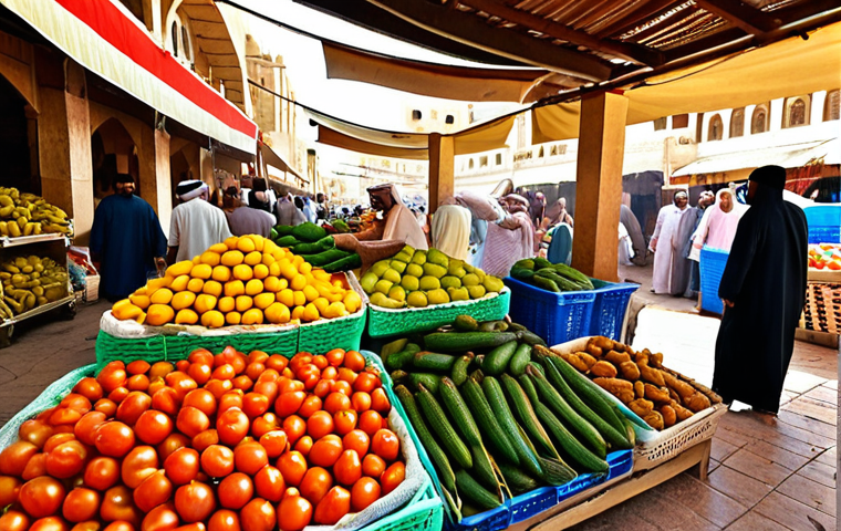 **Image Prompt 1:** A bustling and vibrant Bahraini traditional market (souq) scene, overflowing with an abundant display of fresh, sun-kissed vegetables like crisp cucumbers, red tomatoes, and lush green leaves. Nearby stalls feature piles of various golden dates, exotic melons, and juicy mangoes. In the background, a traditional fish market section with local fishermen in attire showcasing a fresh catch of diverse fish and large shrimp. The atmosphere is lively and authentic, under warm Middle Eastern light.