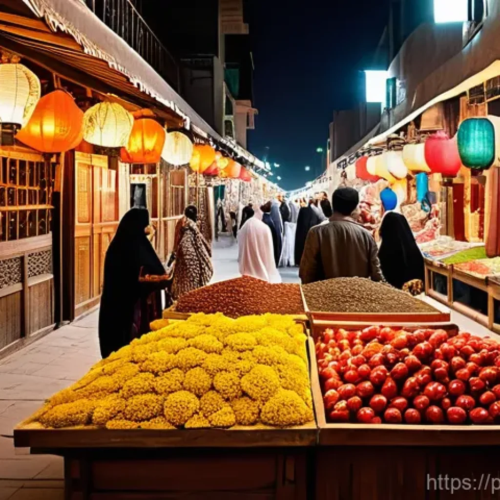 바레인 방문시 유의사항 - **A bustling traditional souk in Manama, Bahrain, at twilight.** The scene is rich with vibrant colo...