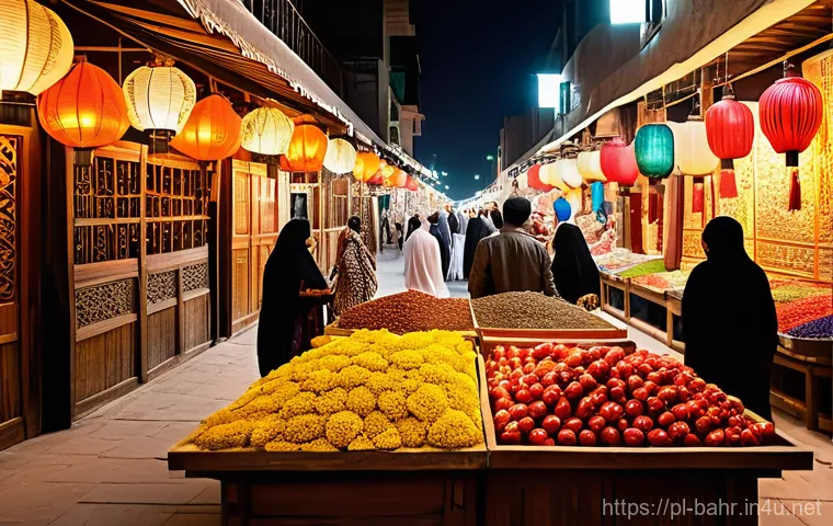 바레인 방문시 유의사항 - **A bustling traditional souk in Manama, Bahrain, at twilight.** The scene is rich with vibrant colo...