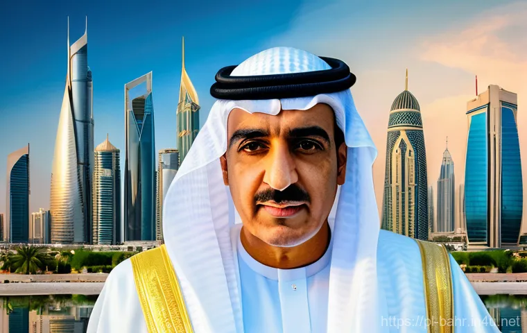 바레인 왕실의 역사 - **Prompt:** A dignified and wise King Hamad bin Isa Al Khalifa stands in front of a majestic, modern...