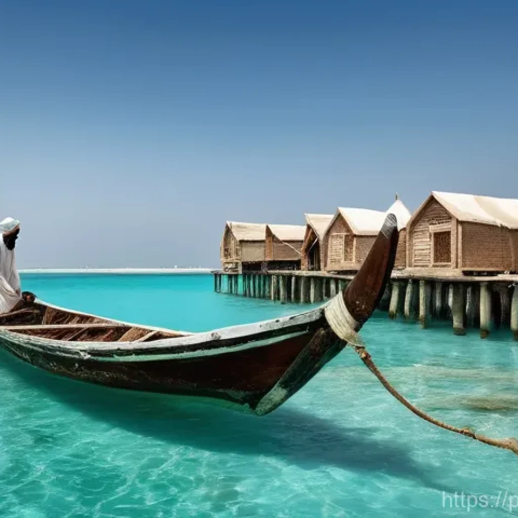 바레인의 특산품 - **A traditional Bahraini pearl diver emerging from crystal-clear turquoise waters, dressed in histor...