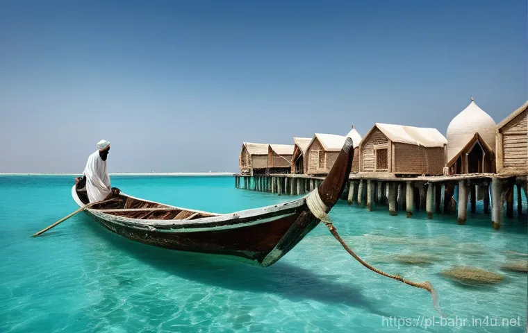 바레인의 특산품 - **A traditional Bahraini pearl diver emerging from crystal-clear turquoise waters, dressed in histor...
