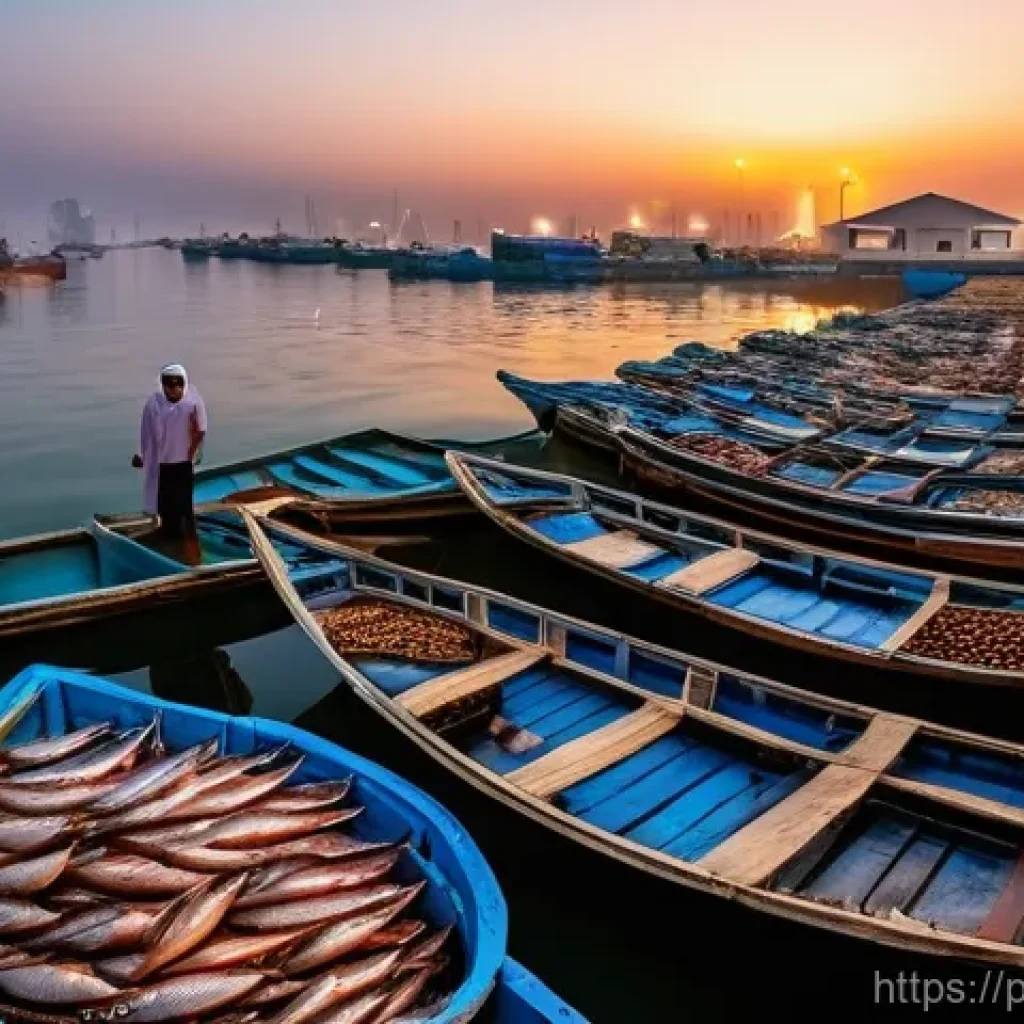 바레인의 해산물 시장 - **A Vibrant Dawn at Manama Fish Market.**
    A breathtaking wide-angle shot of the Manama Central F...