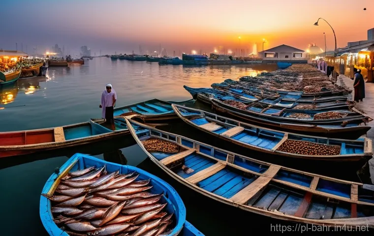 바레인의 해산물 시장 - **A Vibrant Dawn at Manama Fish Market.**
A breathtaking wide-angle shot of the Manama Central F...