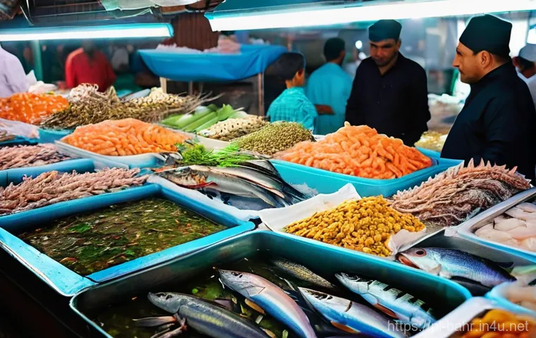바레인의 해산물 시장 - **A Vibrant Dawn at Manama Fish Market.**
    A breathtaking wide-angle shot of the Manama Central F...