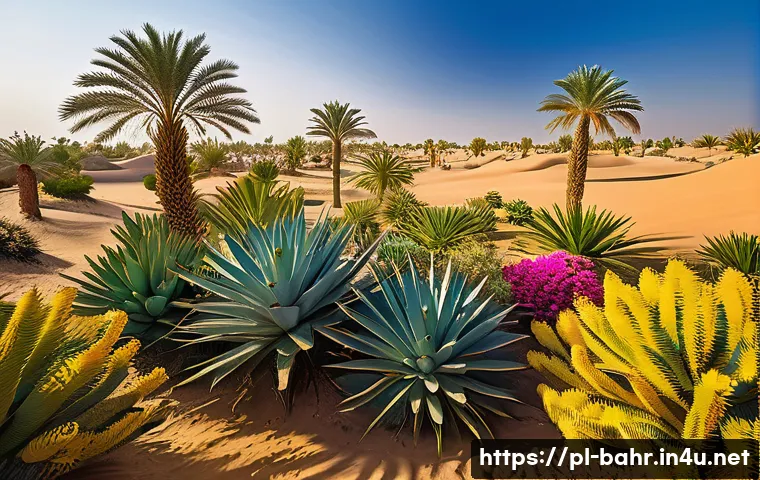바레인의 식물원 - **"Bahrain's Lush Desert Oasis"**
A wide-angle, highly detailed photograph of a vibrant, thrivin...