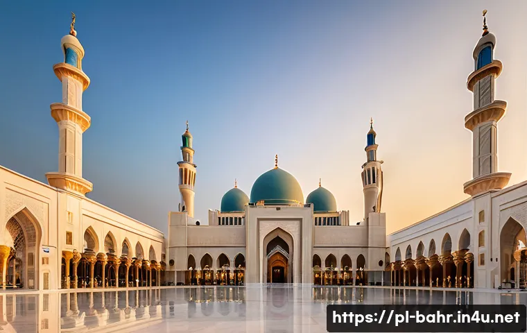 바레인의 이슬람 문화 중심지 - A grand view of Al-Fateh Mosque in Bahrain during golden hour, showcasing its enormous white dome an...