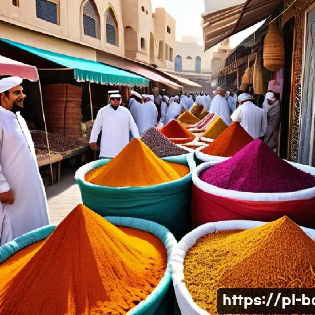 바레인 전통시장 탐방 - A vibrant Bahrain traditional bazaar scene filled with colorful spice stalls showcasing piles of saf...