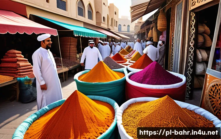 바레인 전통시장 탐방 - A vibrant Bahrain traditional bazaar scene filled with colorful spice stalls showcasing piles of saf...
