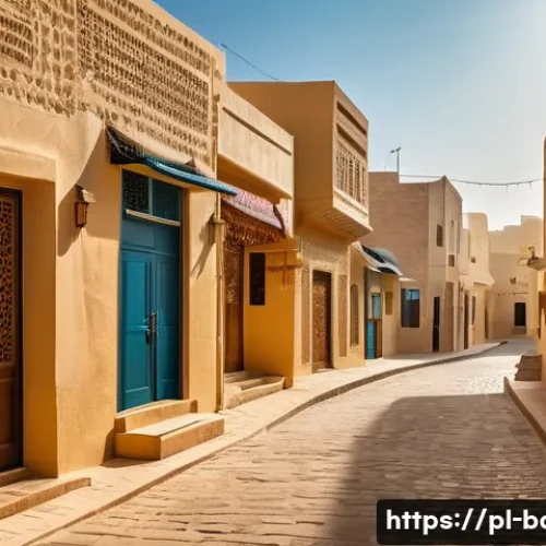 바레인 소도시 탐방 - A narrow, winding street in a traditional Bahraini village, paved with stone and lined by low, simpl...