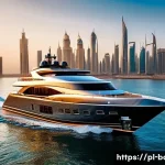 바레인의 고급 요트 - A futuristic luxury yacht sailing in the Persian Gulf at sunset, featuring sleek carbon composite hu...