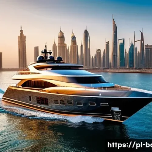 바레인의 고급 요트 - A futuristic luxury yacht sailing in the Persian Gulf at sunset, featuring sleek carbon composite hu...