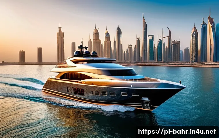 바레인의 고급 요트 - A futuristic luxury yacht sailing in the Persian Gulf at sunset, featuring sleek carbon composite hu...