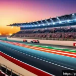 바레인의 국제 스포츠 이벤트 - A panoramic view of the Bahrain International Circuit at sunset, showcasing a modern Formula 1 race ...