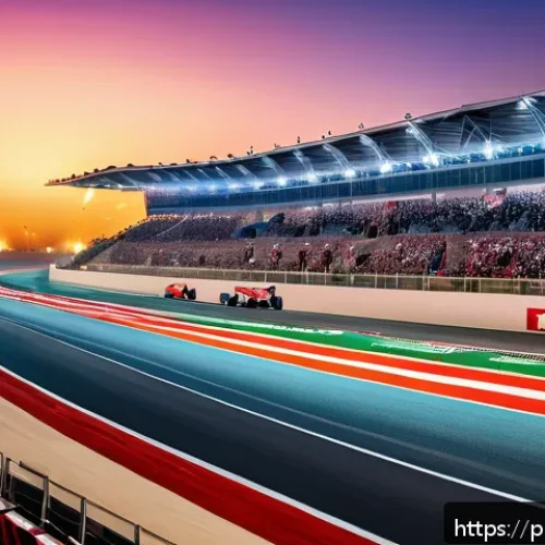 바레인의 국제 스포츠 이벤트 - A panoramic view of the Bahrain International Circuit at sunset, showcasing a modern Formula 1 race ...