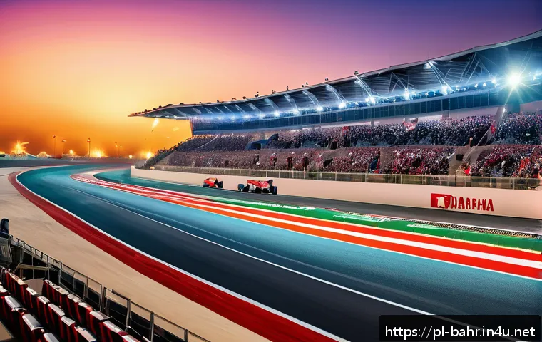 바레인의 국제 스포츠 이벤트 - A panoramic view of the Bahrain International Circuit at sunset, showcasing a modern Formula 1 race ...