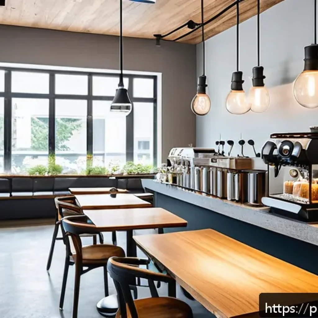 바레인의 독특한 카페 문화 - A modern, minimalist Bahraini cafe interior showcasing sleek pour-over coffee setups with glass drip...