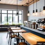 바레인의 독특한 카페 문화 - A modern, minimalist Bahraini cafe interior showcasing sleek pour-over coffee setups with glass drip...