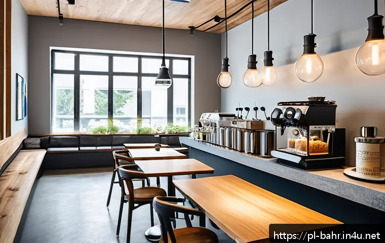 바레인의 독특한 카페 문화 - A modern, minimalist Bahraini cafe interior showcasing sleek pour-over coffee setups with glass drip...