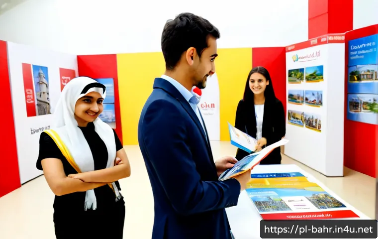 바레인의 교육 박람회 - Photorealistic Bahrain education fair inside a bright modern convention hall, Polish parent and teen...