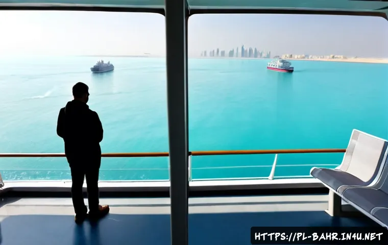 바레인과 카타르 해상교통 - Photorealistic panoramic view of a modern passenger ferry traveling across the calm turquoise waters...